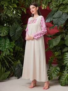 Al Najma 宽松版型叶子拼布印花连衣裙，锁孔领口，端庄大方 - 杏色 - 查看 6