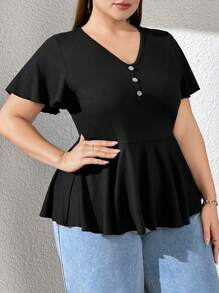 SHEIN Essnce 女式大码喇叭下摆 V 领短袖 T 恤，收腰，修身版型 - 黑色 - 查看 5