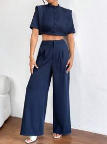 SHEIN Essnce 女性立領短上衣和寬腿褲裝兩件套,辦公室服裝 - 霧霾藍 - 查看 5