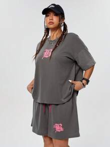 Coolane Áo thun thường ngày cổ tròn tay ngắn in chữ cỡ lớn - Xám - Xem 6