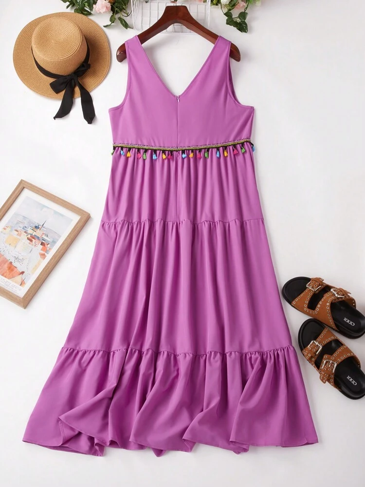 Plus Size Fringed V-Neck Dress With Ruffle Hem And Tassel Decorations