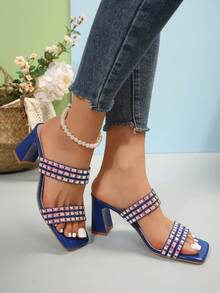 時尚女性高跟涼鞋和粗跟金屬鑲嵌晚宴拖鞋,非常適合搭配公主風格的裙子 - 藍色 - 查看 2