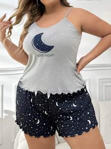 Große Größen Mond bedrucktes Cami Top und Shorts Pyjama Set, Outfit
