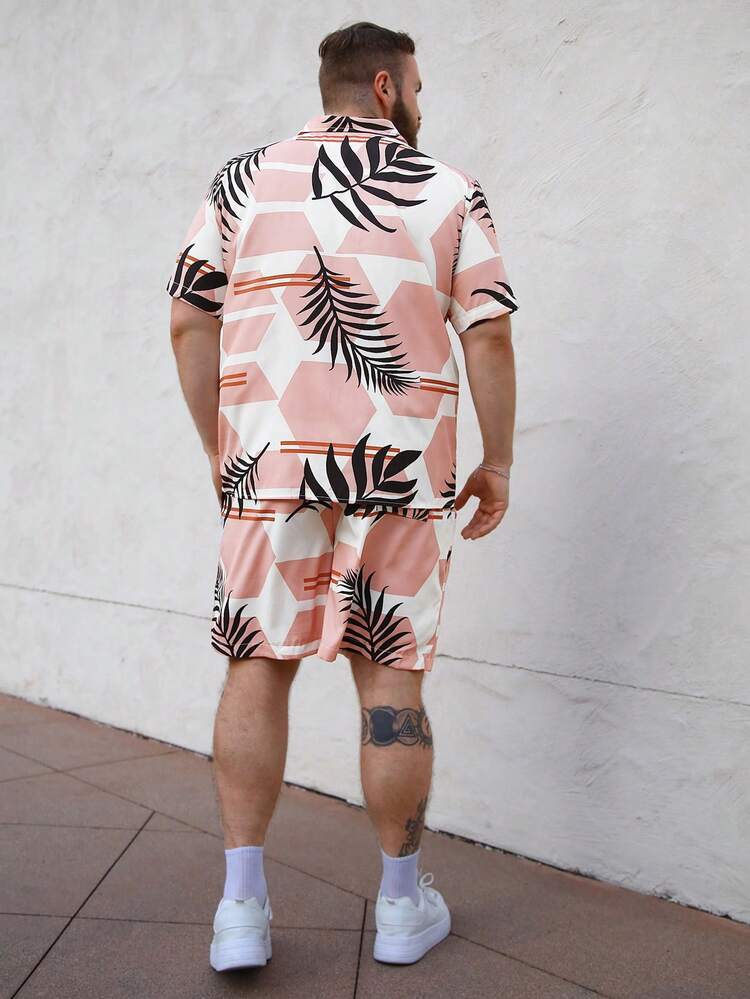 Men's Plus Size Leaf Printed Button Front Shirt And Shorts Set