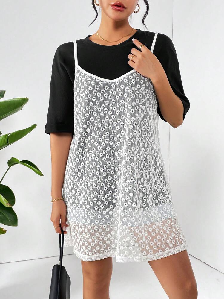 Summer Casual Black T-Shirt And White Vintage Style Lace Cami Layered Dress 2pcs/Set
