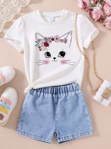 少女漫畫印花短袖T恤和短褲兩件套裝 - 白色 - 查看 1
