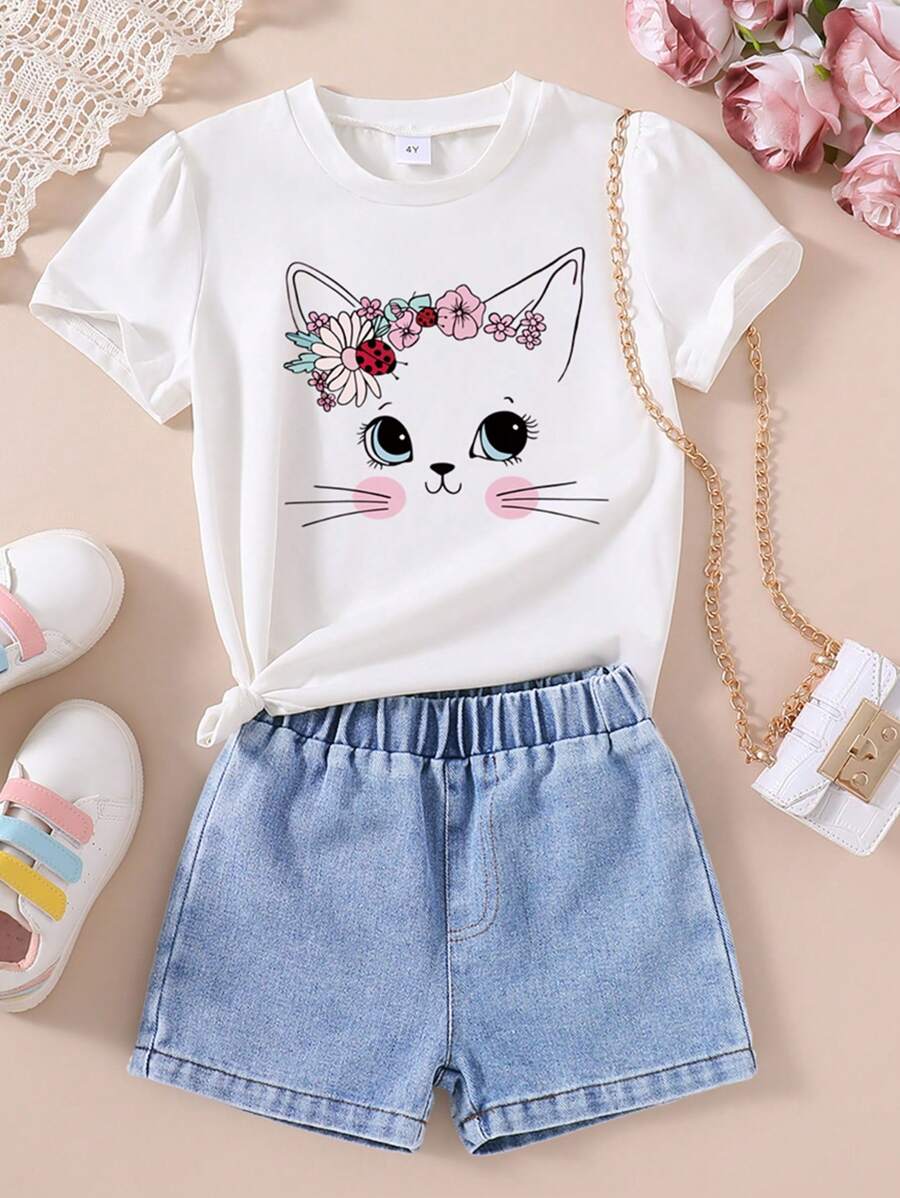 少女漫畫印花短袖T恤和短褲兩件套裝 - 白色 - 查看 1