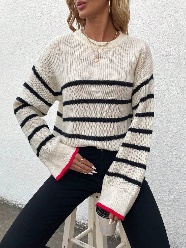 Women's Color Block Striped Drop Shoulder Knit Pullover Fall Winter Sweater