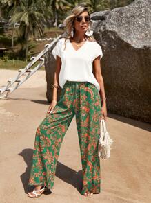 SHEIN VCAY Của phụ nữ Chất rắn Cổ chữ V Ngắn tay Áo Và In thực vật Quần 2 cái/bộ - màu xanh lá - Xem 4