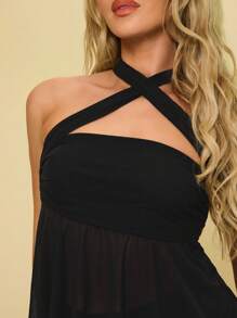 SHEIN BAE Top cu tiv cu volan, gât încrucișat - Negru - Vizualizare 7