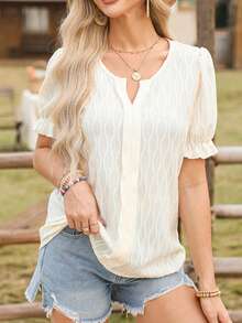 Women's Summer Solid Round Neck Puff Sleeve Casual Blouse - White - View 5