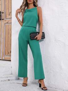 SHEIN Essnce Ladies' Plain Cowl Collar Camisole & Trousers Set - Green - View 1