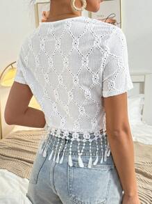 Breezaya 女士短袖t恤,帶流蘇搭邊和拼接設計 - 白色 - 查看 2