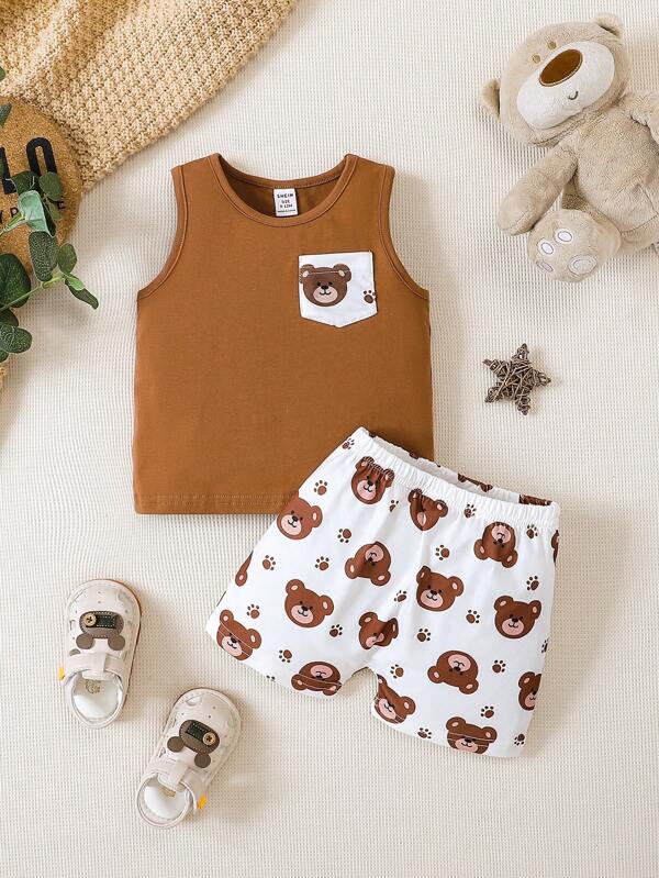SHEIN Vintaside Kids Baby Boy Bear Print Patched Pocket Tank Top & Shorts