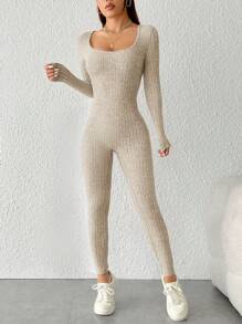 SHEIN PETITE Solid Color Ribbed Knit Long Sleeve Jumpsuit - Apricot - View 5