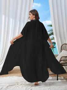 Swim Vcay Große Größe Einfarbiger Kimono Mit Kurzen Ärmeln Und Knopfleiste - Schwarz - Übersicht 3