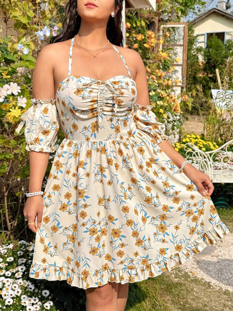 Plus Size Women's Floral Printed Halter Off Shoulder Short Sleeve Dress