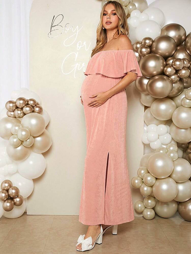Casual Elegant Romantic Gender Reveal Party Ruffle Off Shoulder Loose Side Slit Maternity Dress For Baby Shower