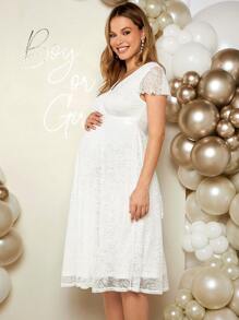 SHEIN Elegante Y Romántico Vestido De Encaje Para Fiesta De Revelación De Género Durante El Embarazo - Blanco - Ver 3