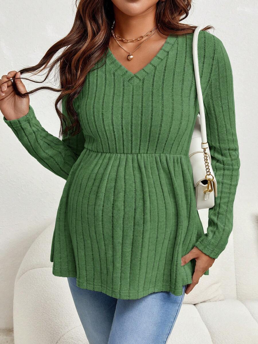 SHEIN Màu thuần Thai sản Đồ đan Ribbed Áo thun - Màu xanh Bạc hà - Xem 1