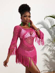 Slaydiva 夏季假期休閒款圓領流蘇邊鉤織玫瑰紅色女式迷你裙毛衣裙 - 玫紅色 - 查看 5