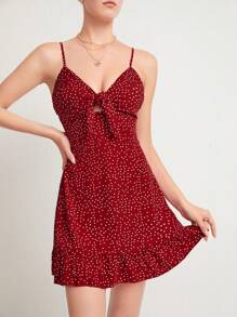 Soleia Knotted Polka Dot Ruffle Hem Cami Dress - Burgundy - View 1