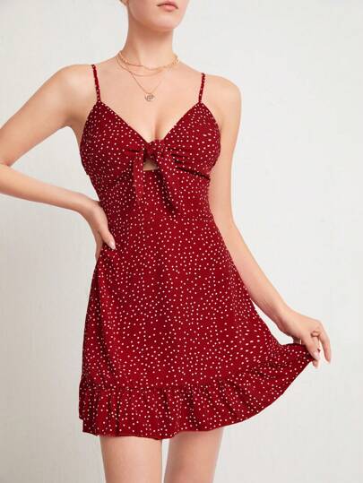 Knotted Polka Dot Ruffle Hem Cami Dress