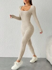 SHEIN PETITE Solid Color Ribbed Knit Long Sleeve Jumpsuit - Apricot - View 1