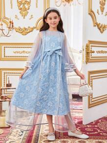 SHEIN Tween Girls' Loose Fit Casual Jacquard Dress With Mesh Jacket 2pcs/Set