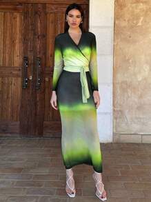SHEIN Essnce 休閒漸層色包裝綁帶腰部上衣 - 彩色 - 查看 1