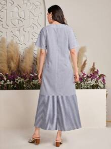 Mulvari Vestido De Murciélago De Manga Corta Con Detalle De Botón Y Estampado De Rayas Para Mujer - Azul - Ver 10