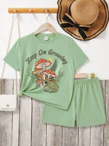 Bộ 2 áo thun tay ngắn và quần short in hình ếch và nấm hoạt hình thường ngày cho bé gái tuổi teen, phù hợp cho mùa hè - màu xanh lá - Xem 1