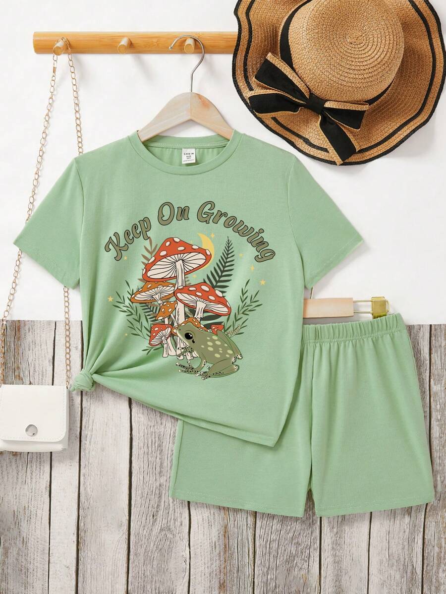 Bộ 2 áo thun tay ngắn và quần short in hình ếch và nấm hoạt hình thường ngày cho bé gái tuổi teen, phù hợp cho mùa hè - màu xanh lá - Xem 1