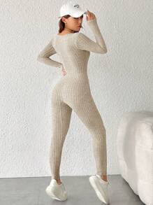 SHEIN PETITE Solid Color Ribbed Knit Long Sleeve Jumpsuit - Apricot - View 2