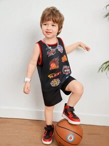 Young Boys' Casual Street-Style Sport Cartoon Letters & Numbers Print Color-Block Flat Knit Hem Split Tank Top, Suitable For Spring & Summer - Black - View 4