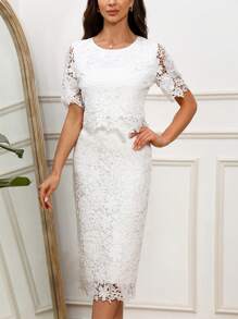 SHEIN Clasi Ladies' Solid Color Lace Two Pieces Set Bridal Shower Dress - White - View 5