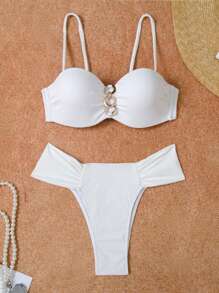 SHEIN Swim Summer Beach Bikini Set With Circular Detail Spaghetti Straps - White - View 7