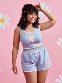 HELLO KITTY AND FRIENDS | SHEIN Plus Cartoon And Letter Graphic Ringer Tank Top & Shorts - Baby Blue - View 4
