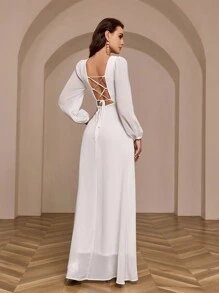 SHEIN Belle 交叉肩帶褶皺無背高開叉伴娘禮服 - 白色 - 查看 7