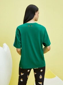 Gudetama X SHEIN Cartoon Graphic Contrast Striped Side Tee - Green - View 2