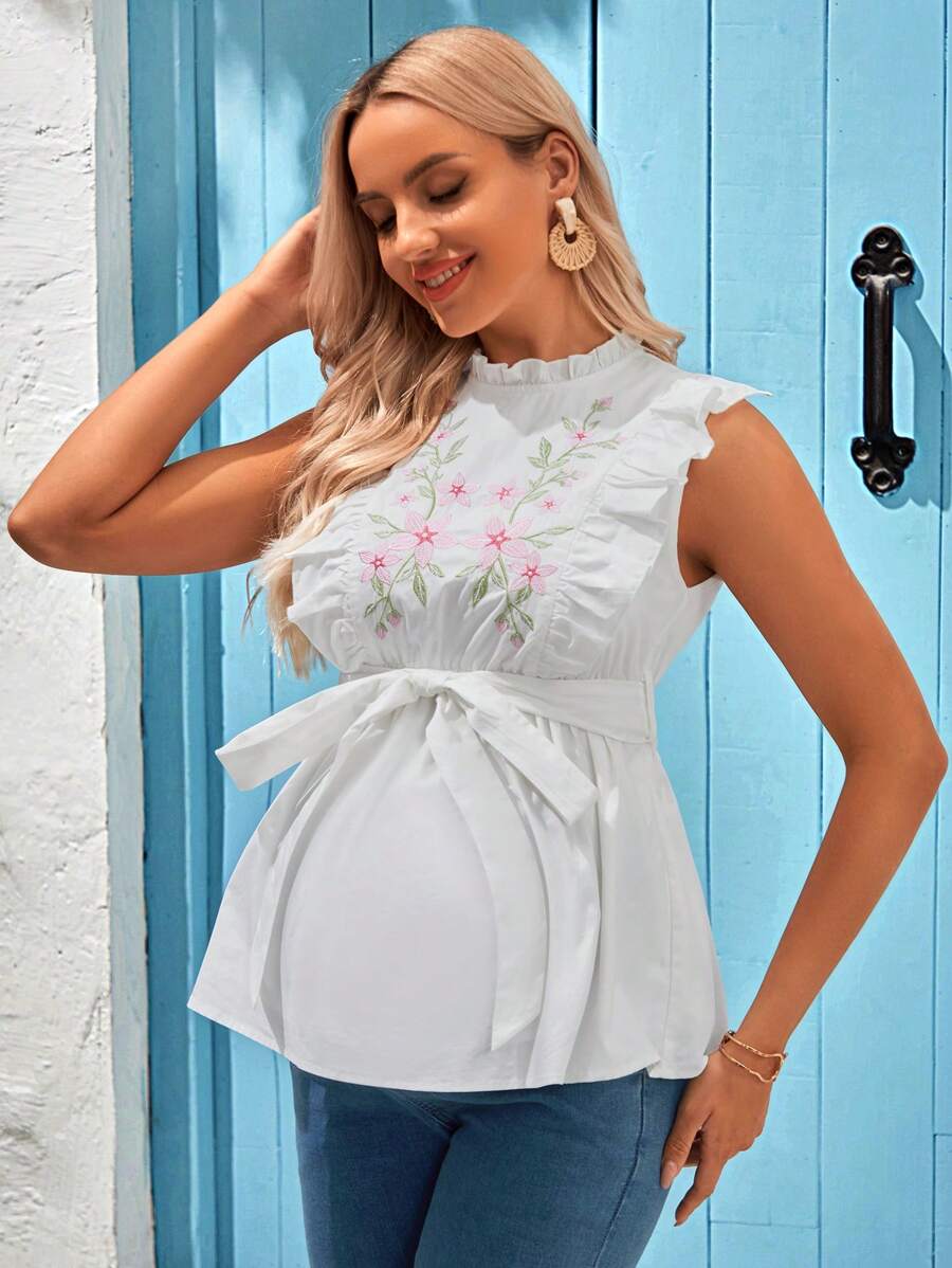 SHEIN Áo sơ mi thêu họa tiết thường ngày cho bà bầu có tay áo xếp nếp - trắng - Xem 1