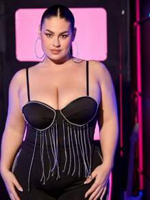 SHEIN SXY 大尺碼音樂節緊身網眼鑲鑽流蘇吊帶背心上衣 - 黑色 - 查看 4