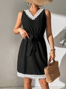 SHEIN LUNE Patchwork Lace Up Bandage Backless Dress - Black - View 4