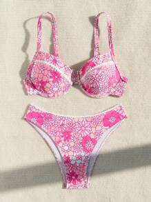 SHEIN Swim Zweiteiliger Damen Bikini-Set mit Blumendruck für Sommer und Strand - Verschiedenfarbig - Übersicht 4