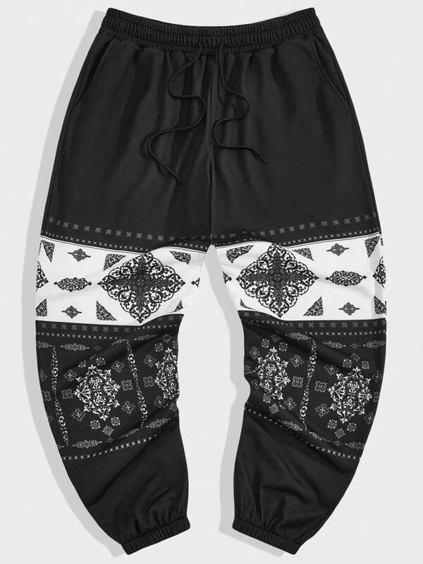 Manfinity EZcore Men's Printed Patchwork Drawstring Jogger Pants Baggy Long Stack Joggers Sweat Graphic Paisley Plain Black Vacation Vintage