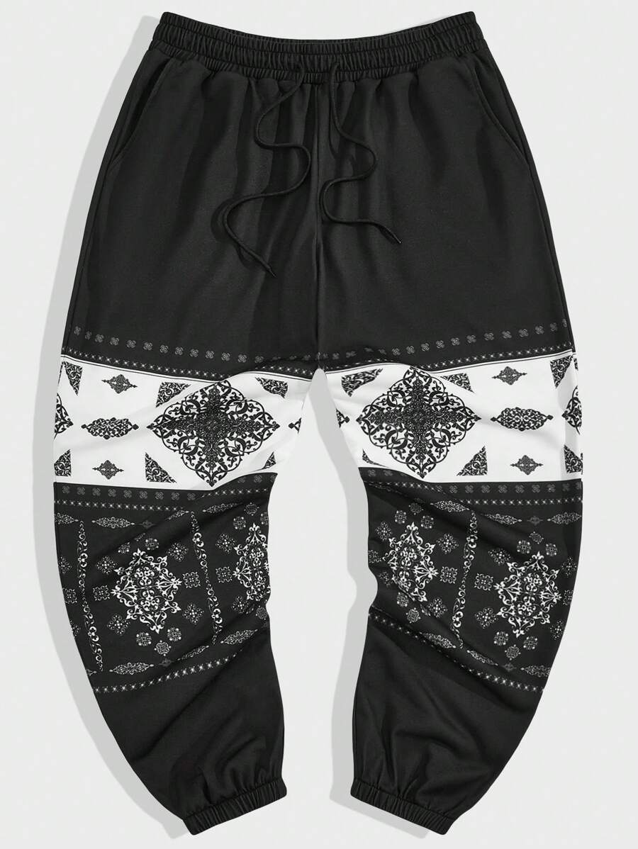 Manfinity Hypemode 男士印花拼接束口運動長褲寬鬆堆疊灰色素色圖形紋身印花簇植黑色度假復古款 - 黑與白 - 查看 1