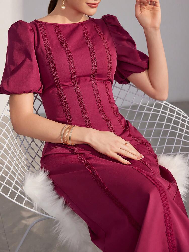 Burgundy Red Round Neck Puff Sleeve Fitted Casual Dress Long Evening Dresses