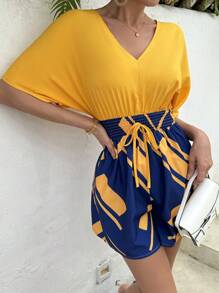 EMERY ROSE Cổ chữ V Dây rút không lưng Khối màu In hoa Romper - Nhiều màu - Xem 6