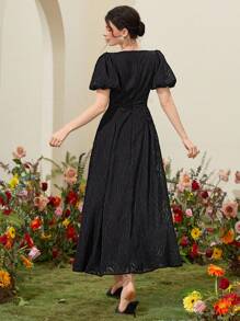 Modelyn Ladies' Solid Color Textured Puff Sleeve Dress With Sweetheart Collar - Black - View 2