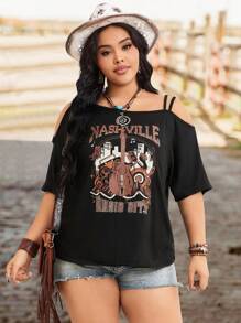 SHEIN LUNE Plus Size Women's Printed  Letter Print Off-Shoulder T-Shirt For Summer